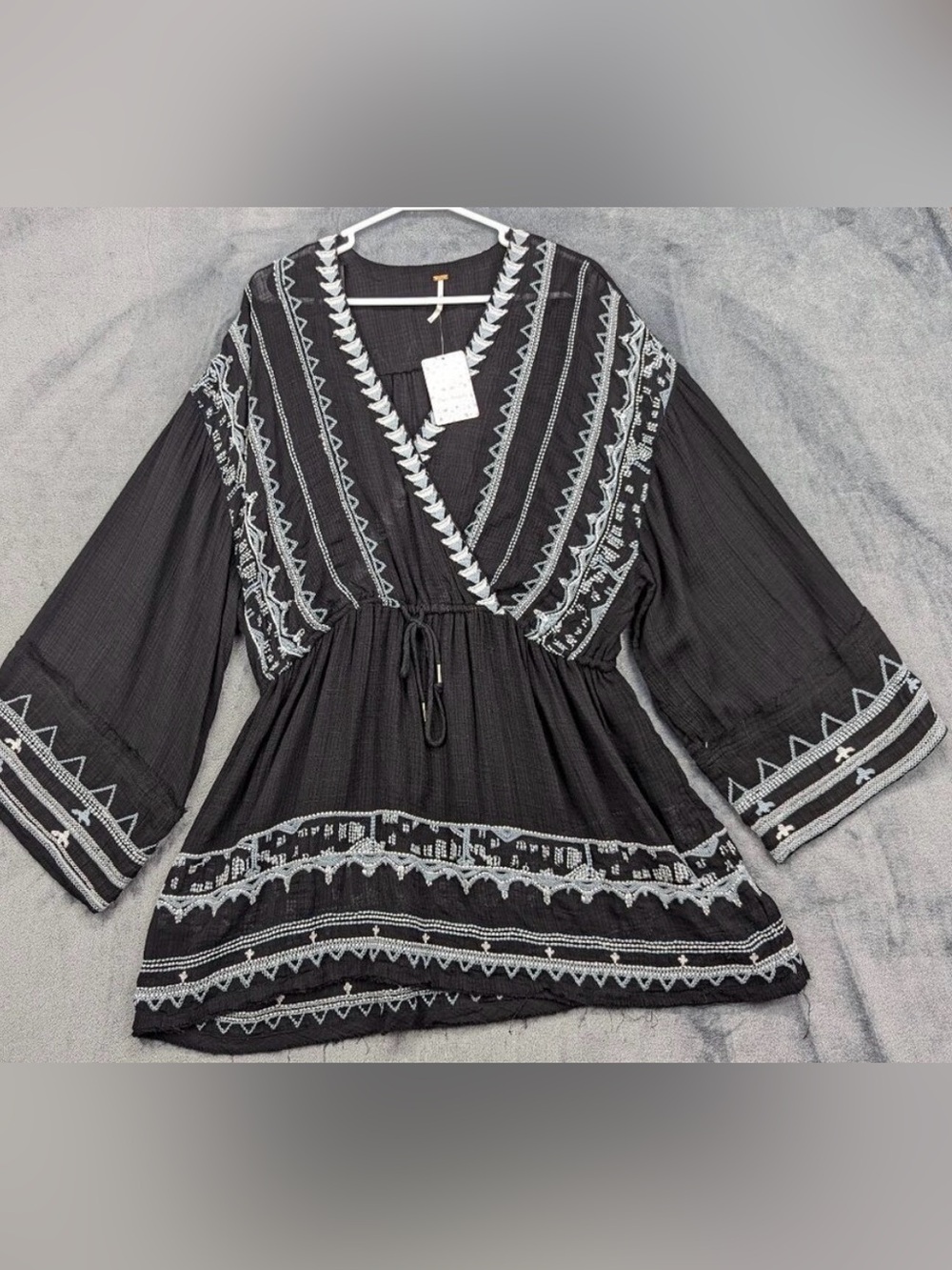Free People Black Tunic with Silver Embroidered Trim